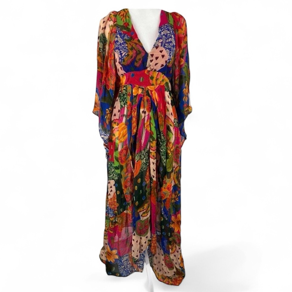 Farm Rio Sunny Mix Chiffon Midi‎ Dress Small Floral Patchwork